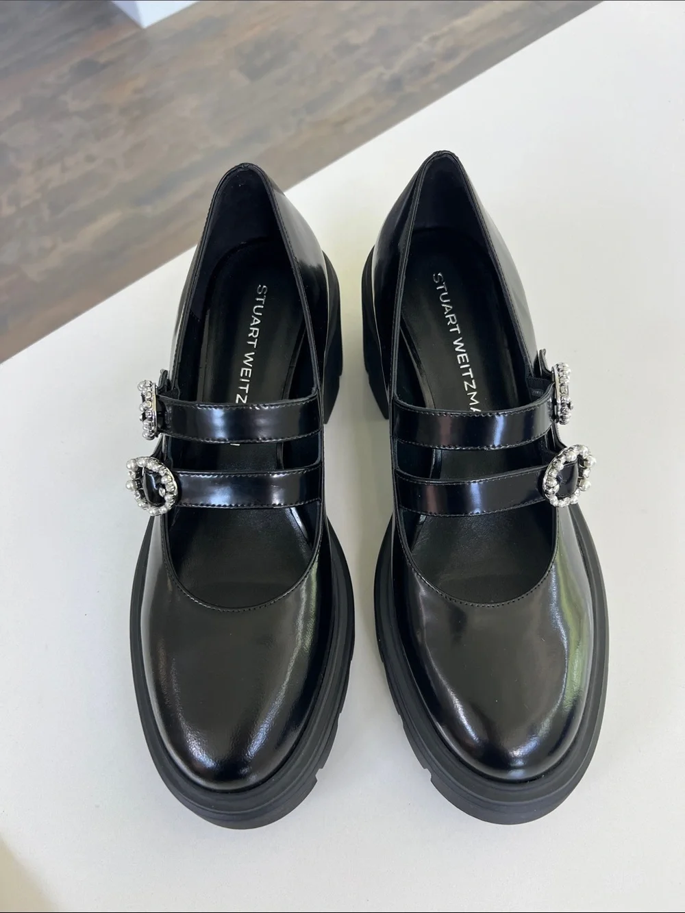 Stuart Weitzman soho leighton mary jane supermoto black leather chunky lug flats